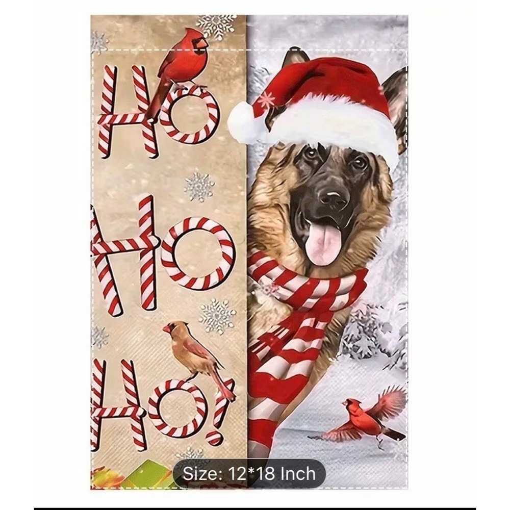 German Shepherd Christmas Garden Flag Ho Ho Ho Cardinal Burlap 12x18 Santa Dog - Picture 2 of 3